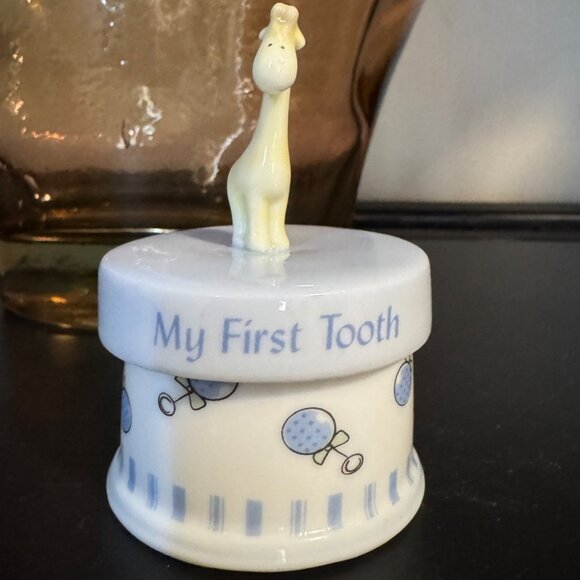 Russ Ceramic Round My First Tooth Baby Keepsake Trinket Jar With Giraffe Topper - Picture 1 of 9